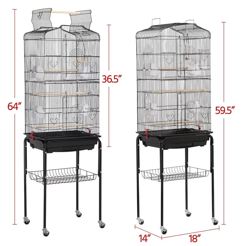 64inch Rolling Metal Bird Cage with Slide-Out Tray & Open Top