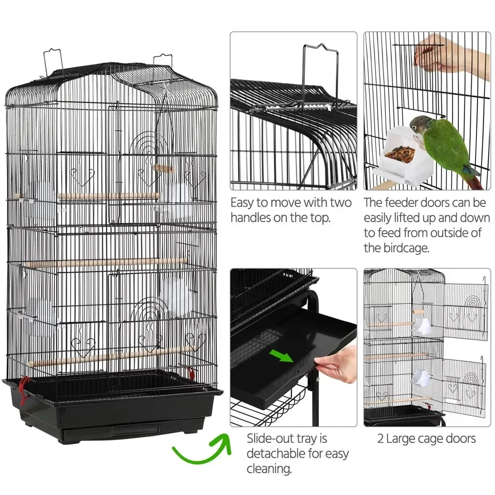 64inch Rolling Metal Bird Cage with Slide-Out Tray & Open Top