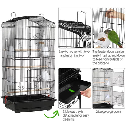 64inch Rolling Metal Bird Cage with Slide-Out Tray & Open Top