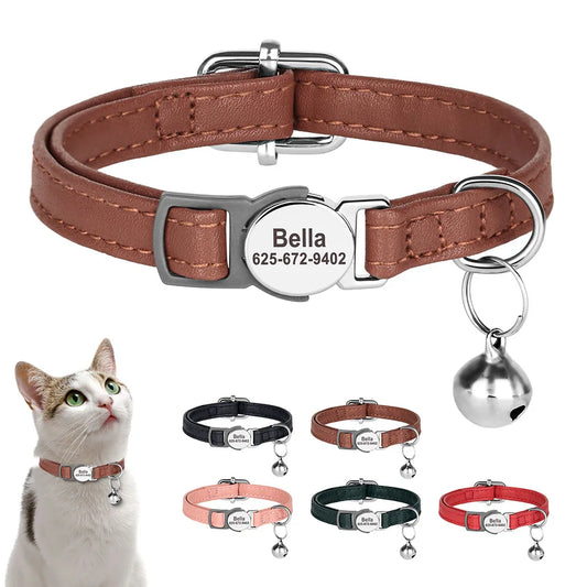 Custom Nameplate Leather Small Dog/Cat Collar with Bell