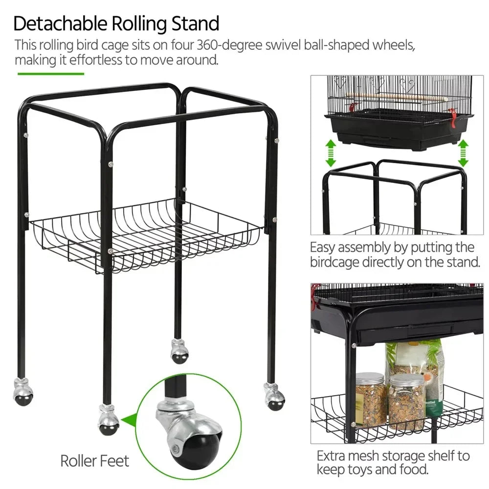 64inch Rolling Metal Bird Cage with Slide-Out Tray & Open Top