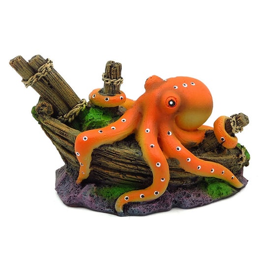 Artificial Decorative Octopus on Sunken Boat Aquarium Ornament